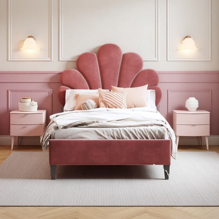 Lit 90 x 200 cm avec Sommier - RWUDV - Structure de Lit Simple - Lit Enfant 90x200 - Tête de lit réglable - Lit fille - Velours Rose