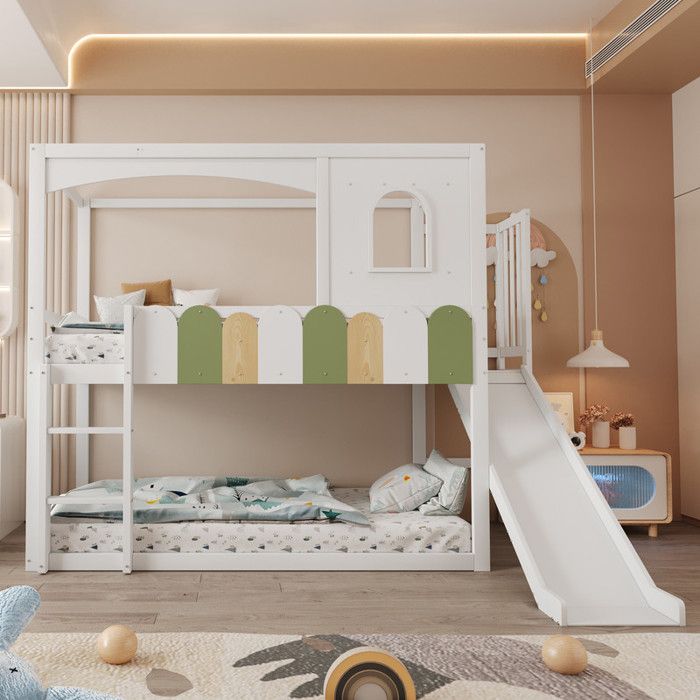 Lit Superposé Enfant 90 × 200 cm avec Toboggan Lit Simple avec FenêTre Structure de Lit Adulte Lit Enfant Blanc