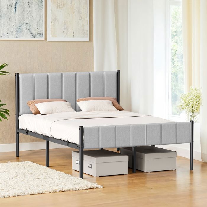 Structure de Lit Double 140 x 190 cm avec Tête de Lit Rembourrée en Acier Supporte Jusquà 500 kg Gris Tourterelle