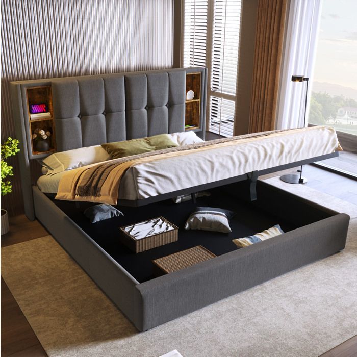 ULEVR lit coffre capitonne 140 x 200 cm gris avec tete de lit rangement chargement sans fil 2 USB et USB-C