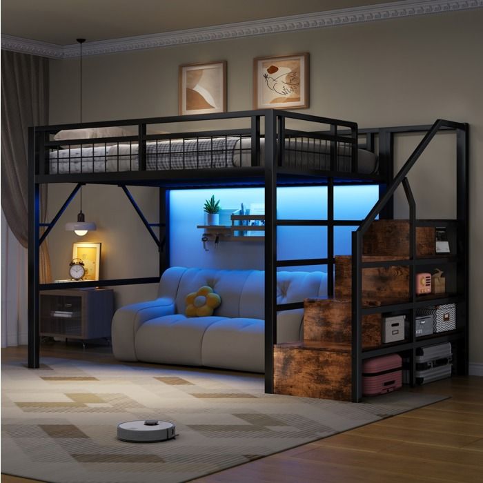 Lit mezzanine 2 places 140×200 cm avec LED et escalier avec rangement sans matelas métal noir - UVRION