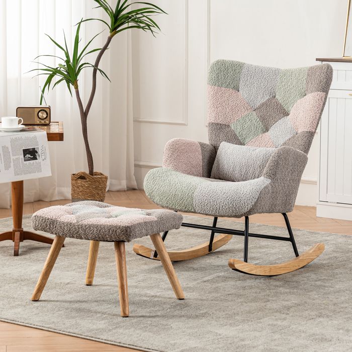Fauteuil à Bascule 68x83x91 cm Avec Repose-pieds Et Coussin Lombaire Velours Multicolore