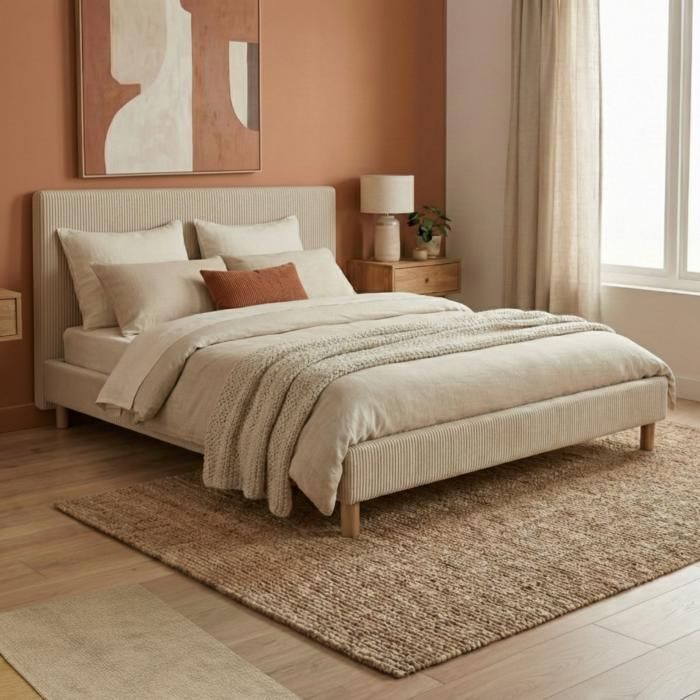 Lit 1 place - SAMPUR - Prince - 90 x 190 cm - Velours côtelé beige - Sommier à lattes inclus Lit 1 place - SAMPUR - Prince - 90 x 190 cm - Velours côtelé beige - Sommier à lattes inclus