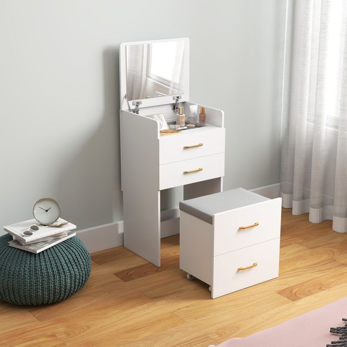 Coiffeuse 3 en 1 - 3-en-1 - Miroir intégré - Plateau en verre - Tabouret roulant