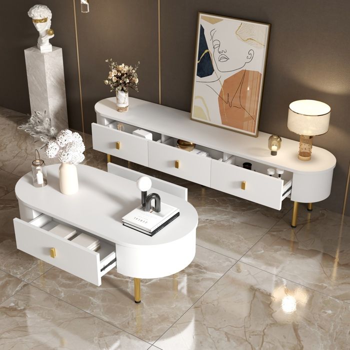 COVREO Ensemble meuble TV et table basse avec tiroirs MDF blanc et or bords arrondis