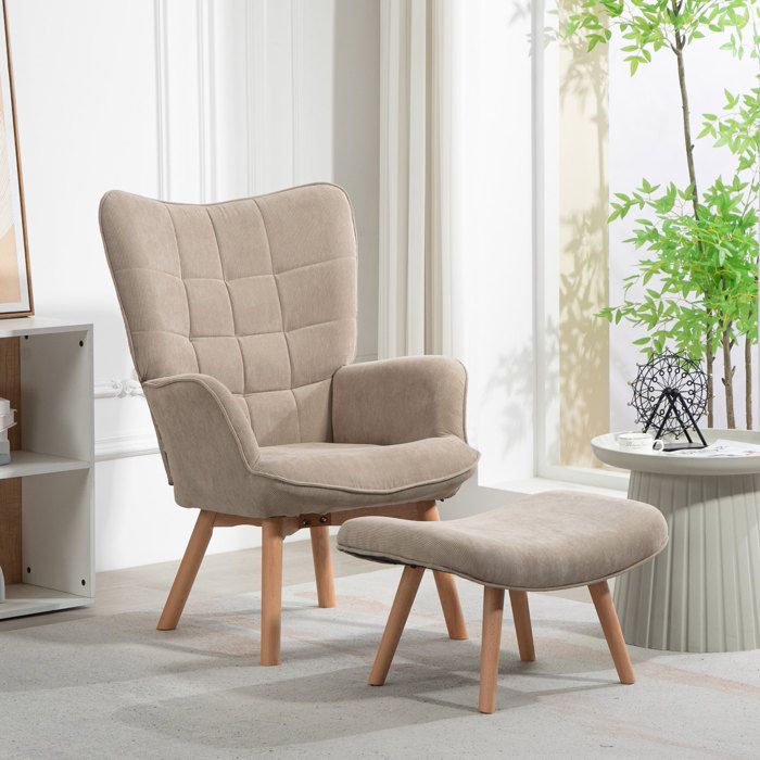 JOINERY fauteuil bergère relax avec repose pieds dossier haut polyester aspect velours côtelé pieds en bois khaki salon