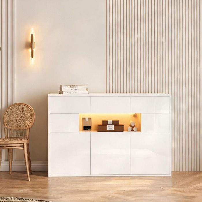 Meuble TV 140 cm blanc laqué MDF avec LED 3 tiroirs et 5 compartiments style contemporain