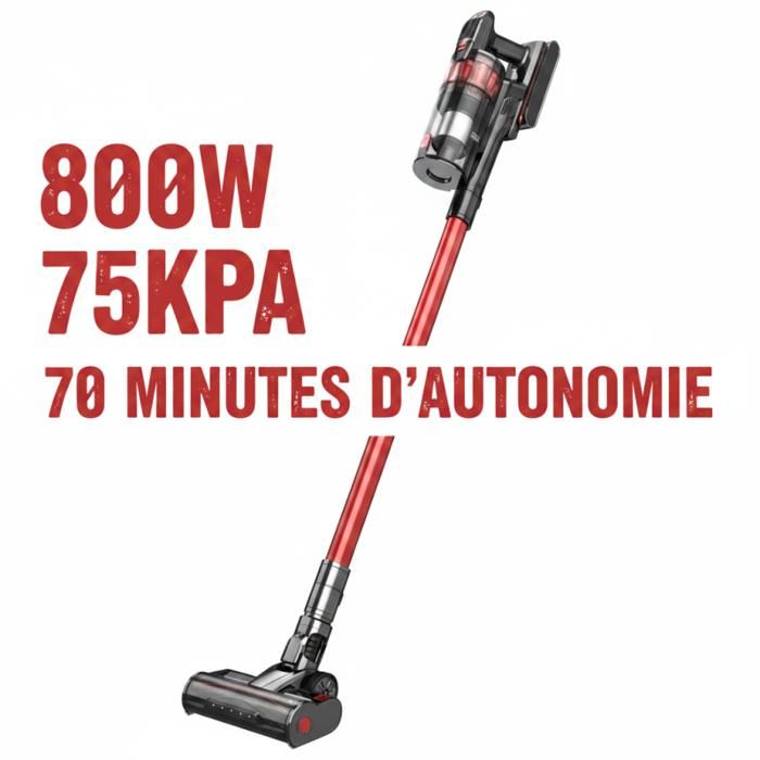 Aspirateur balai sans fil haute aspiration 75Kpa anti-poil 70min autonomie bac 2L grand volume filtre 7 étapes multifonction 10