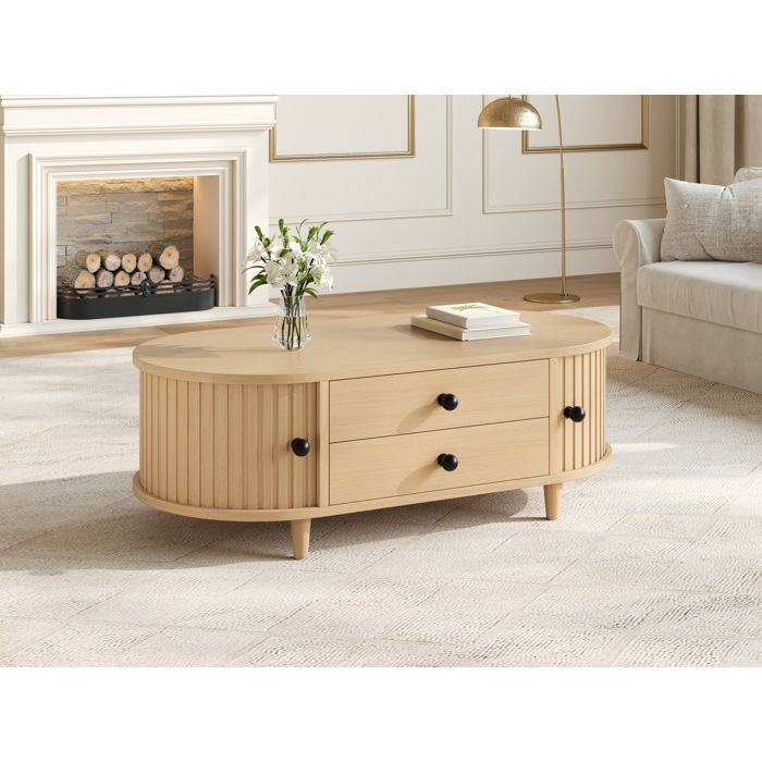 Table basse ovale 100 x 50 x 36 cm avec 2 tiroirs et portes tambour MDF aspect bois clair
