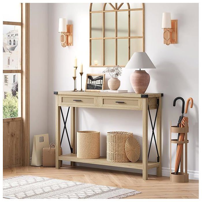 Console ferme rotin chêne clair 43″ X métal 2 tiroirs étagère longue étroite salon couloir entrée