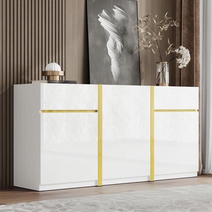 Meuble sideboard - KOMHTOM - 160x40x78 cm - Laqué brillant blanc - 3 portes 2 tiroirs - Étagères réglables Meuble sideboard - KOMHTOM - 160x40x78 cm - Laqué brillant blanc - 3 portes 2 tiroirs - Étagères réglables