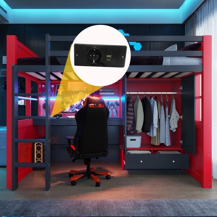 Lit mezzanine gamer rouge noir 90x200 échelle table penderie tiroirs rangements enfant ado Sans Matelas