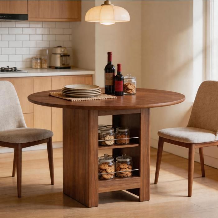 WUVRIE Table à manger ronde 100 cm avec rangement ouvert effet bois noyer MDF 4 à 6 personnes