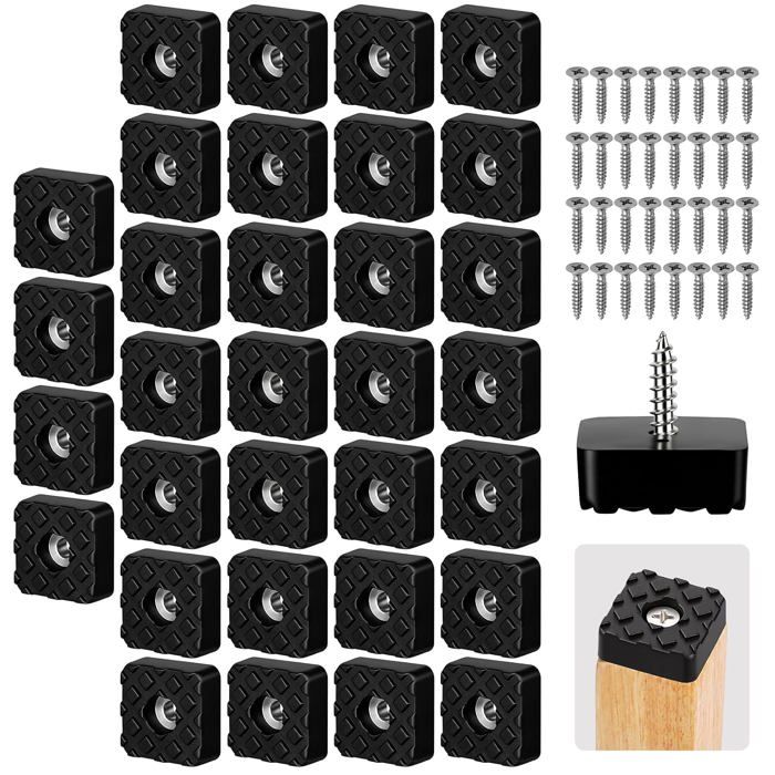 32 tampons caoutchouc carrés vissables 32 pièces protection meubles avec vis inox antidérapantes patins pieds chaise