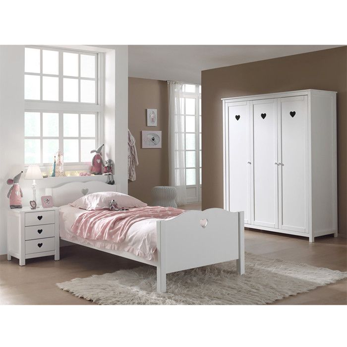 MILADY - Lit 90x200cm avec Sommier + Chevet + Armoire 3P