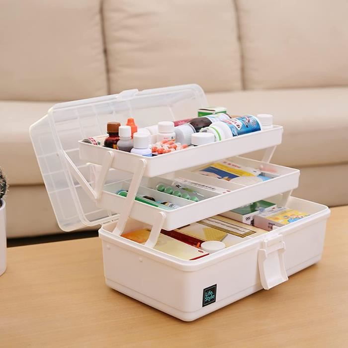 Boîte à Pharmacie 3 étages Avec Pots Amovibles - Grand Rangement Pour Médicaments - Blanc, Dimensions 31x22x25 Cm