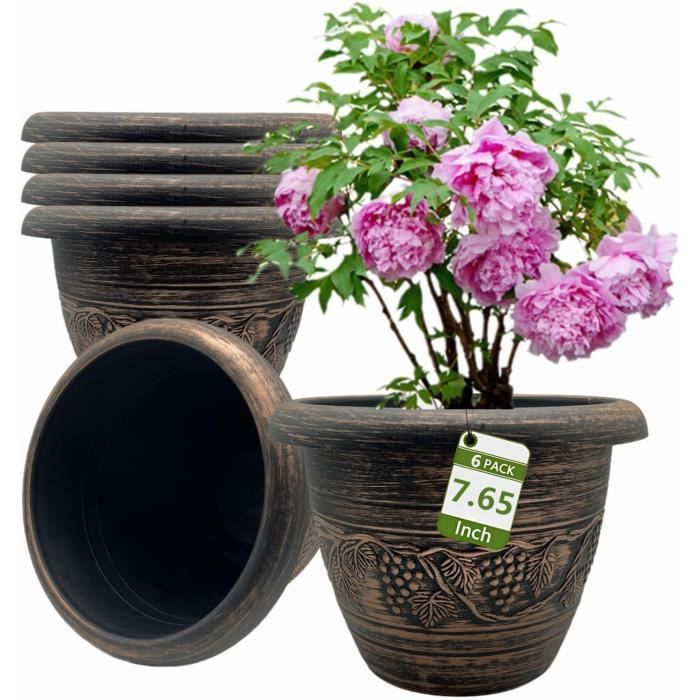 Pots De Fleurs - - Noir - Avec Trous De Drainage Et Plateau - 8 Pièces