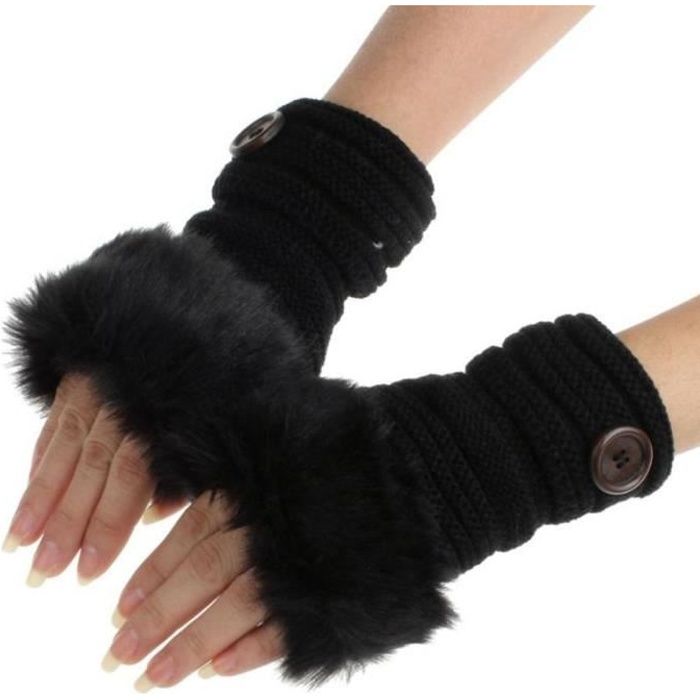 1 Paire De Gant Mitaine Tricote Chaud Avec Fausse Fourrure Lapin Douce De Qualite Sans Doigts Coloris Noir Pour Femme Ou Fille Cdiscount Pret A Porter