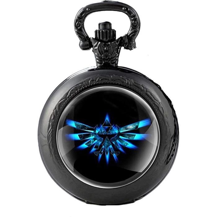 Montre De Poche Vintage Zelda Quartz Noir Rétro - Collier Pendentif Hommes Femmes Cadeau Noël