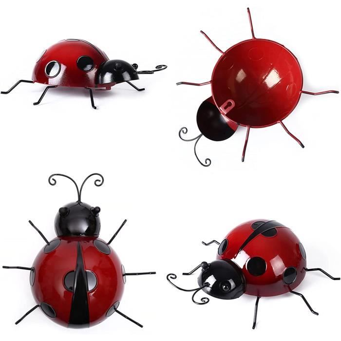 Lot De 4 Coccinelles En Métal Déco Jardin - 9 X 9 Cm Multicolores | Sculpture Mural Extérieur - 3