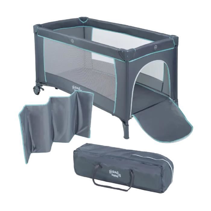 Lit de voyage pliable pour enfants HANKSKIDS avec moustiquaire avec roues et sac à fermeture éclair couleur gris