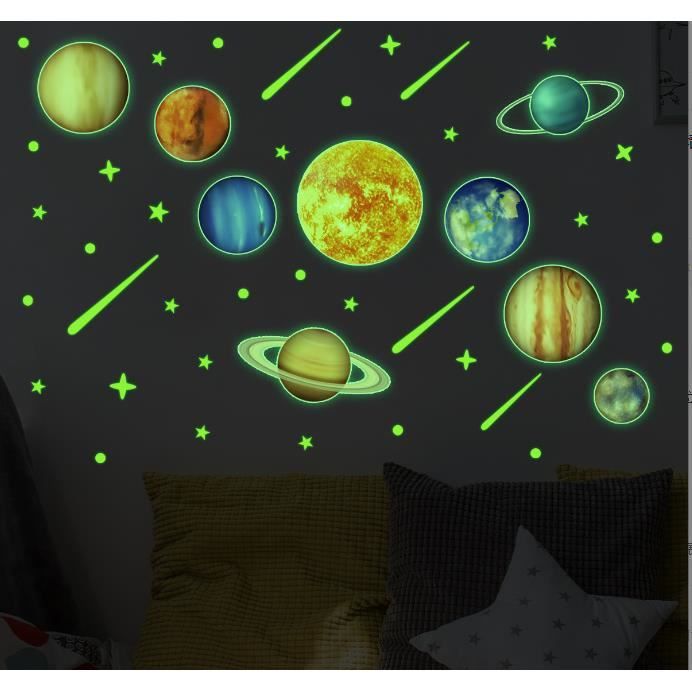 1 Ensemble de stickers muraux, étoiles et planètes phosphorescentes,  brillants système solaire stickers muraux, lumineux plafond