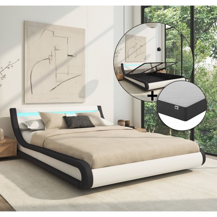 Lit Coffre avec Matelas Texas 180x200cm Couleur Blanc et Noir LED Matériaux bois et simili cuir Rangement PARISINA Lit Coffre avec Matelas Texas 180x200cm Couleur Blanc et Noir LED Matériaux bois et simili cuir Rangement PARISINA