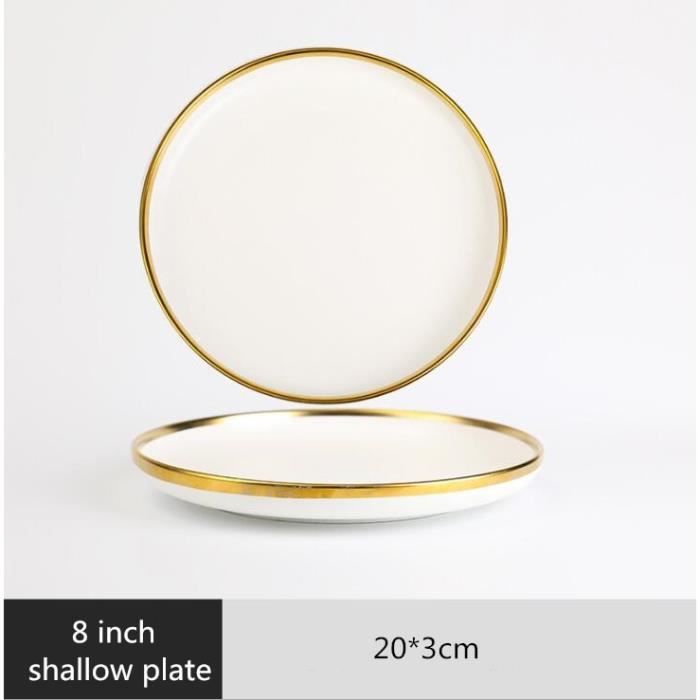 plats et assiettes,doré jante blanc porcelaine dîner assiette ensemble cuisine assiette céramique - type 8 inch shallow plate