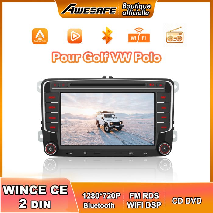 AWESAFE Autoradio GPS Navigateur pour Golf VW Polo Voiture 7 Pouces unité de tête stéréo Voiture 2 Din avec Lecteur de CD DVD FM RDS
