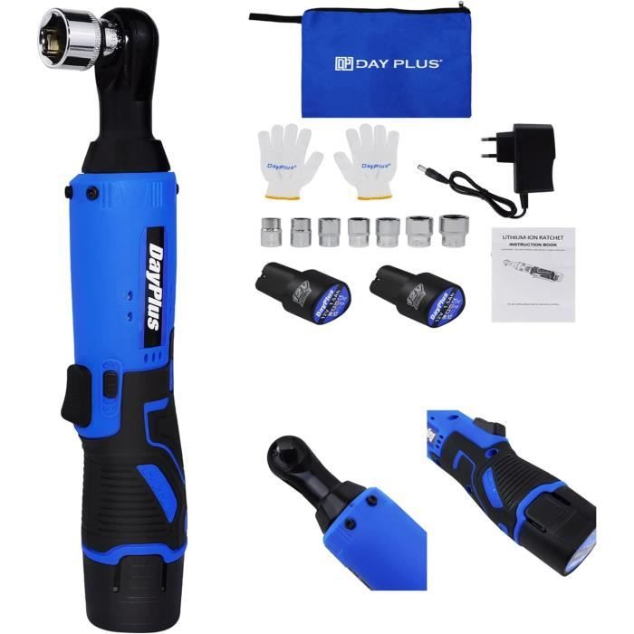 Clé à Cliquet Electrique Sans Fil 40N.M DAYPLUS 3-8 Pouces Lampes de travail LED 7 Douille 2 Batterries