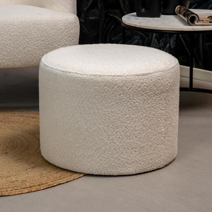 Pouf Industriel en Tissu Bouclé Blanc - Bronx71 - Nora - 1 Place - 50 cm