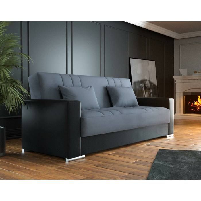 Dmora - Canapé-lit 3 places Sergio 230x96h101 cm Noir Gris Panneau effet bois et Tissu Dmora - Canapé-lit 3 places Sergio 230x96h101 cm Noir Gris Panneau effet bois et Tissu