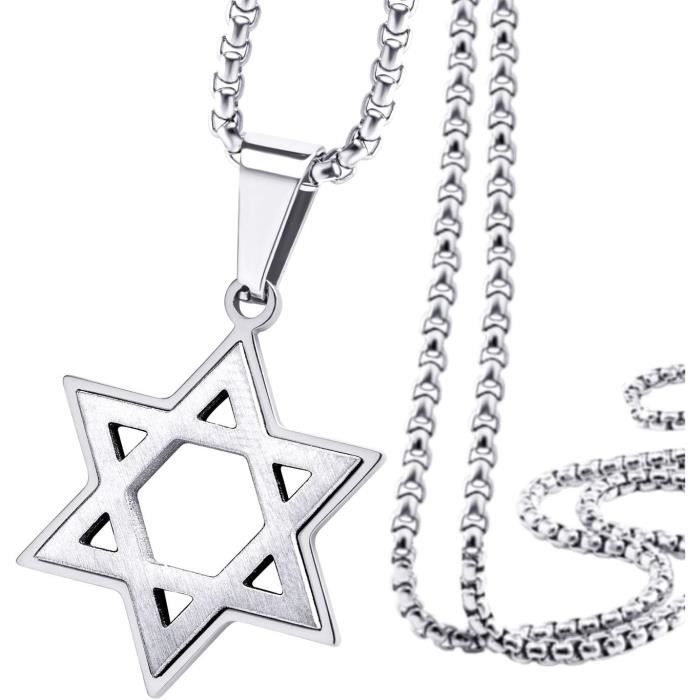 Collier Pendentif Étoile De David En Acier Inoxydable Argenté - 45 Cm - Judaica