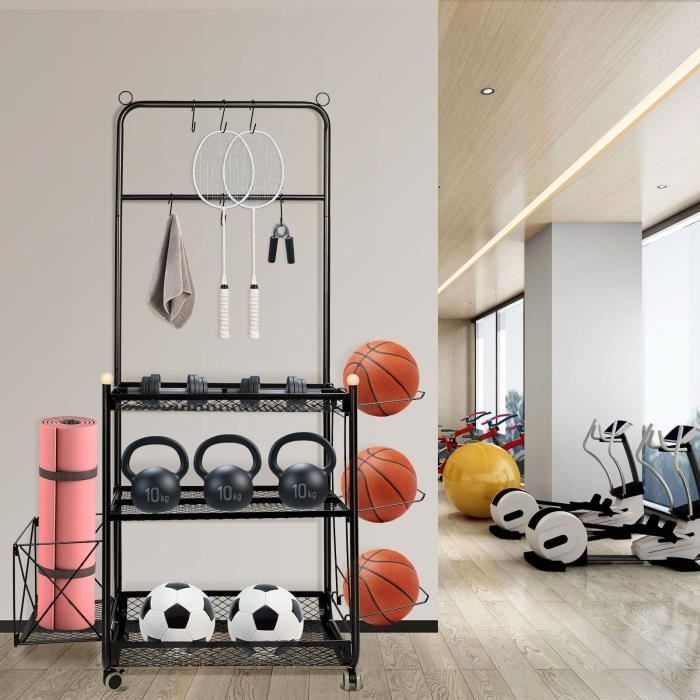 HOMEWELL - Meuble étagère porte-équipements sportifs - Noir - Acier au carbone - Hauteur : 145 cm