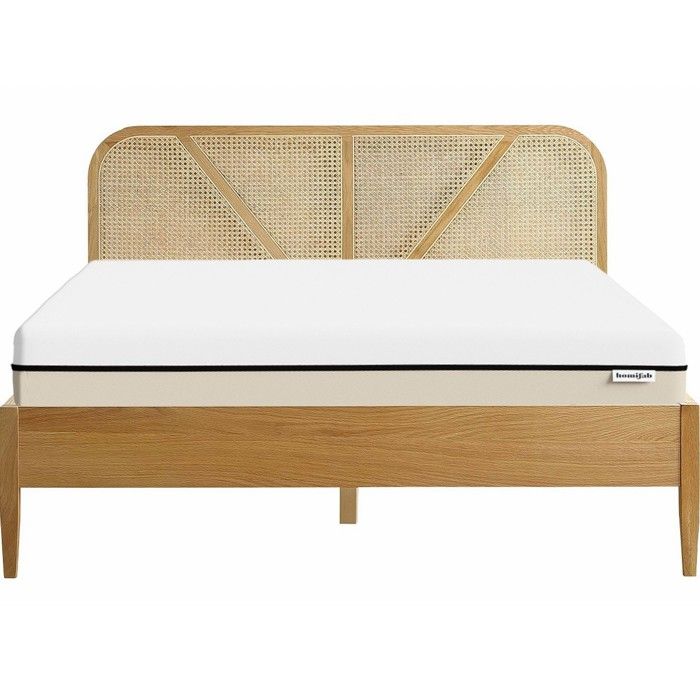Ensemble lit 140x190 en bois et cannage + Matelas Hybride à ressorts ensachés Ensemble lit 140x190 en bois et cannage + Matelas Hybride à ressorts ensachés