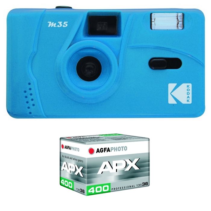 KODAK Pack M35 Argentique + Pellicule APX 400 36 poses - Appareil Photo Kodak Rechargeable 35mm Bleu Objectif Grand Angle Fixe