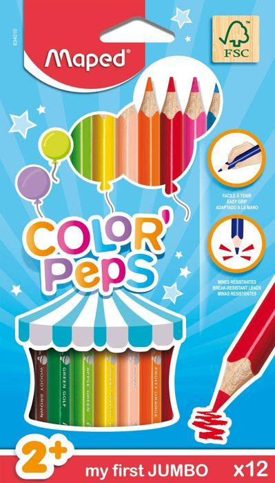 Maped - 12 Crayons de Couleur Jumbo Color'Peps pour Enfants Certifiés FSC - Premiers Crayons de Coloriage pour Bébé +2 ans