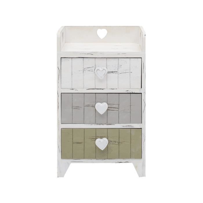 mobili rebecca table de chevet 3 tiroirs bois blanc gris cœur shabby 58x35x27