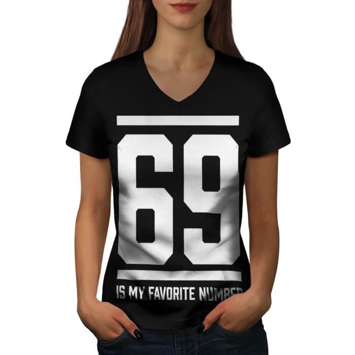 t-shirt femme wellcoda 69 préféré nombre drôle des sports club à col en v noir s-2xl