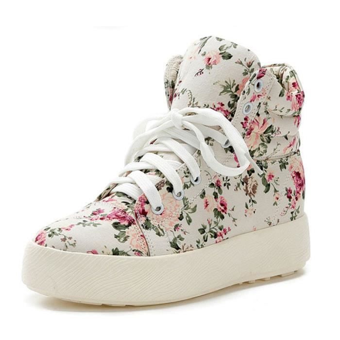 Baskets Femme Haute Style Sport Casual Chaussures de Fleur Boots Ankle  Blanc - Cdiscount Chaussures