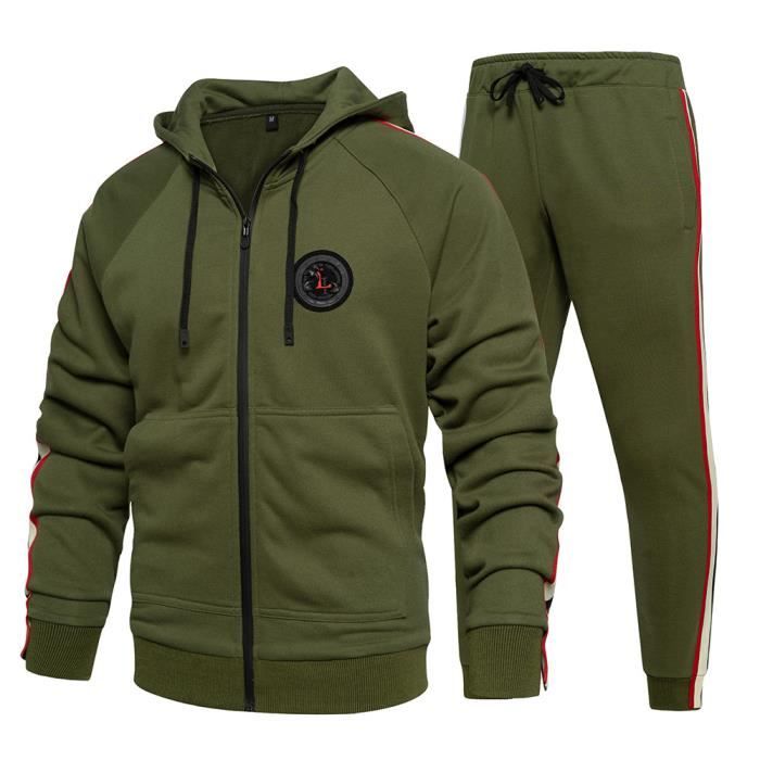 Survêtement Jogging Sport Homme Pièces A Capuche Vintage Extérieur Casual  Vert militaire