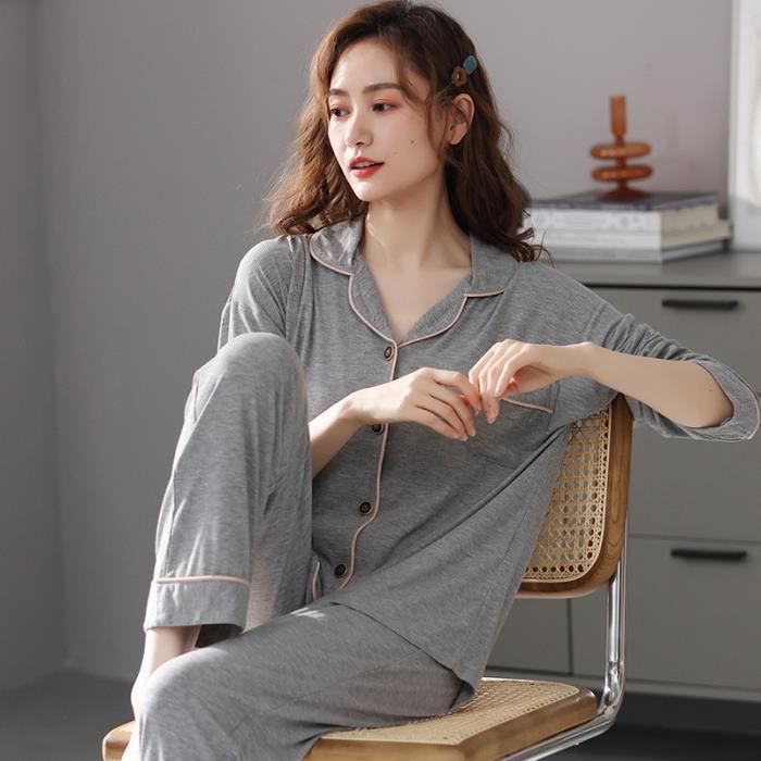 Pyjama Long En Satin Pour Femme | Pyjama Long En Soie Pour Femme - Ensemble Pyjama à Manches Longues Avec Boutonnière - Ensemble De Pyjama élégant En