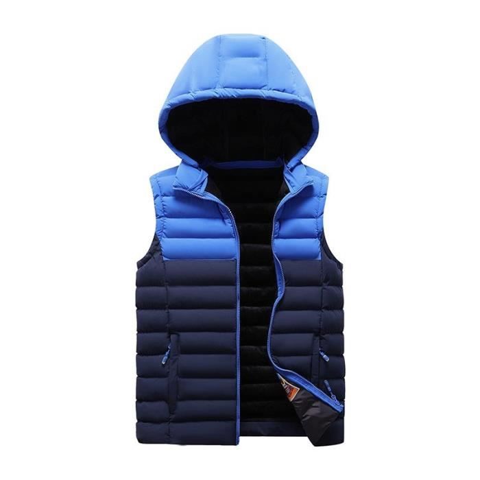 Doudoune Homme Hiver ?� Capuche Amovible Sans Manches Veste Zippee Chaude Couleur Contraste Bleu 