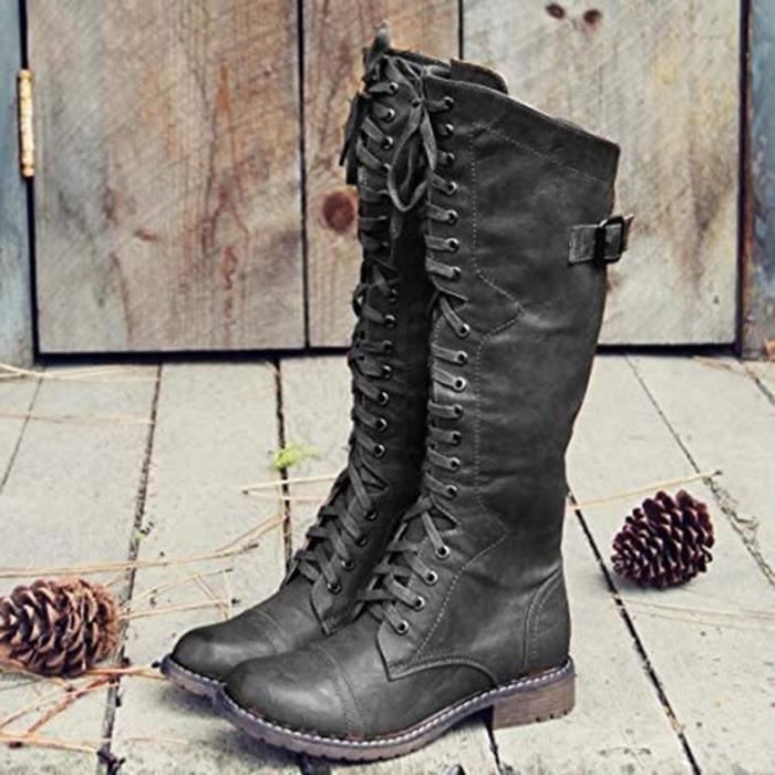 Bottes de combat retro a lacets pour femmes bout rond talon bas genou bottes de combat Le noir Le noir Cdiscount Chaussures