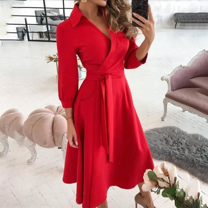 Robe Mi Longue Femme Pour Femme Col En V Imprime Manches Longues Revers Avec Cordon Chic Sexy Vintage Elegant Robe rouge XL Rouge Cdiscount Pret a Porter