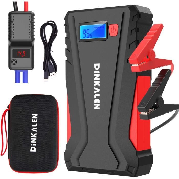 DINKALEN Booster Batterie Voiture 12800mAh 800A Portable Booster de Batterie Moto (Jusqu’à 6.0L Essence/5.0L Diesel) avec Écran LCD