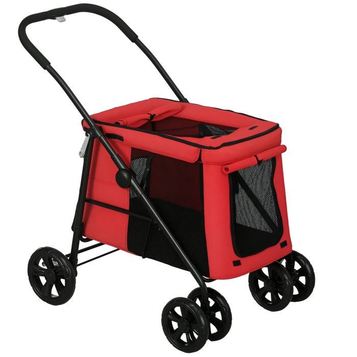 Poussette chien - PawHut - pliable coussin inclus roues avec frein transport animaux 600D - acier - 102x62x105cm - rouge Poussette chien - PawHut - pliable coussin inclus roues avec frein transport animaux 600D - acier - 102x62x105cm - rouge