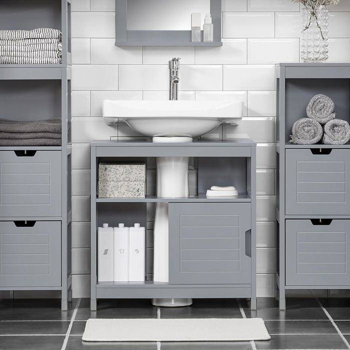 SoBuy Meuble sous Lavabo Salle de Bain avec Portes Coulissantes Armoire Compacte Anti-Humidité pour Vasque ou WC Gris 60x30x60cm