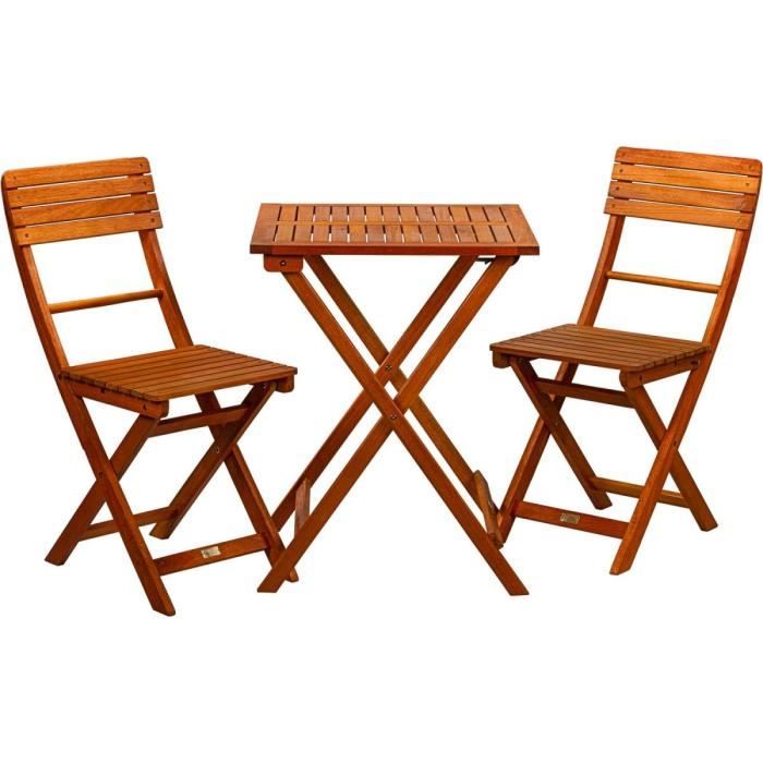 Stilista® Salon de jardin « Bistro » en bois d’acacia, 2 chaises pliables et 1 table, salon de jardin pour extérieur, balcon