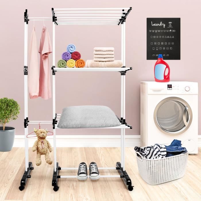 Panier à Linge 3 Compartiments Avec Roulettes - 1 Grand Bac + 2 Petits Bacs Amovibles - Pour Trier Le Linge Sale - 44x33x110 Cm - 12